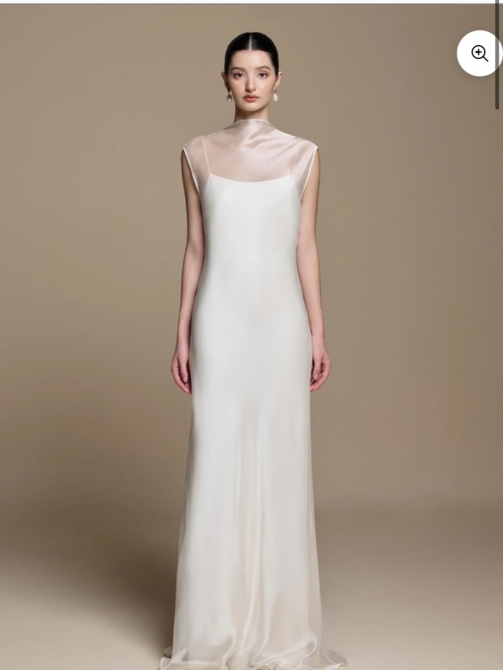 Beautiful white dress with high neck overlay. Open back